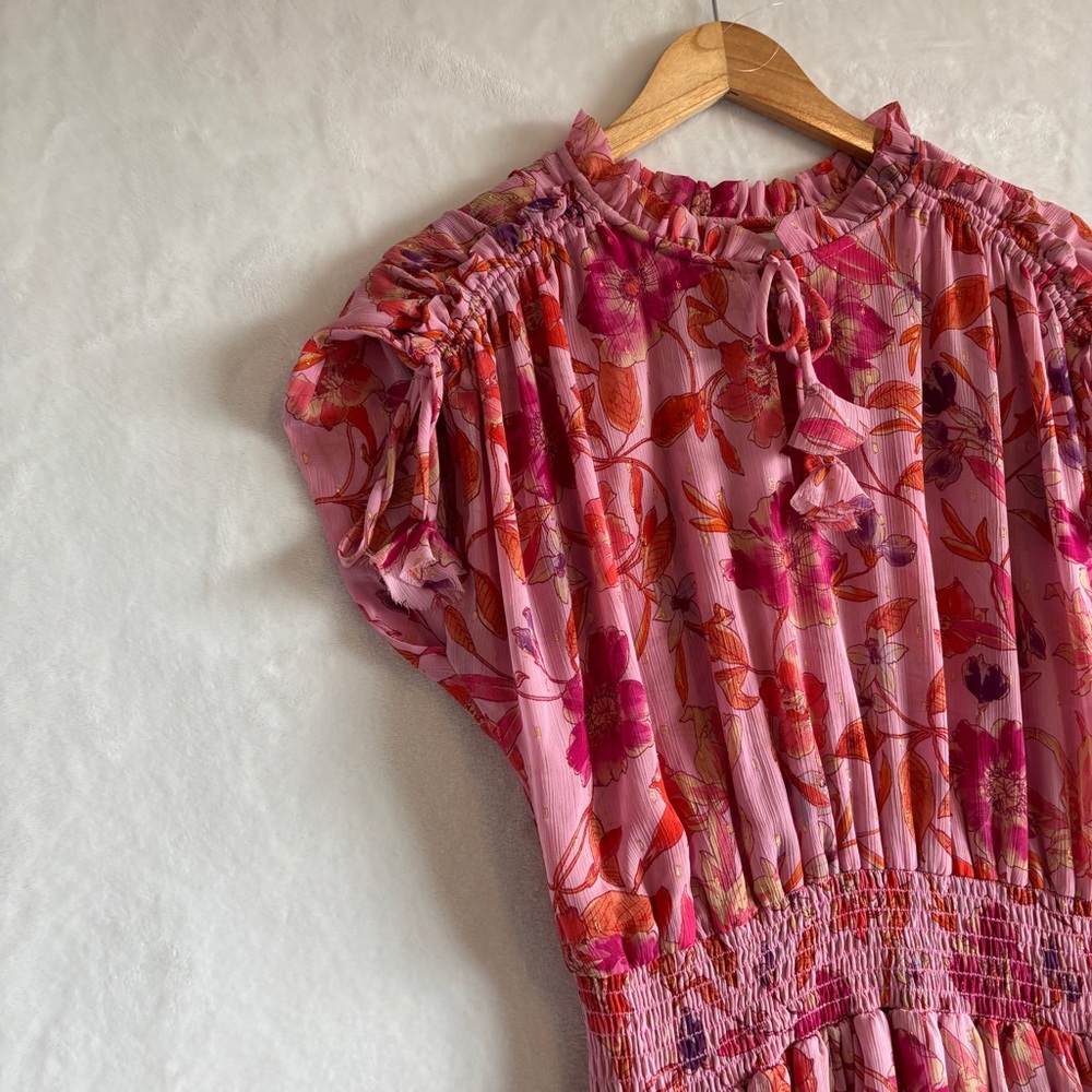 MISA Los Angeles Dominique pink Floral Chiffon Split-Neck Mini Dress size Medium - Picture 3 of 12